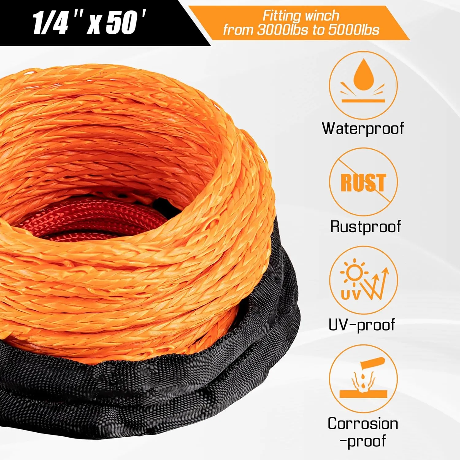 1/4" x 50ft Synthetic Winch Rope Kit with Protective Sleeve Winch Fairlead  Stopper Hook, Orange