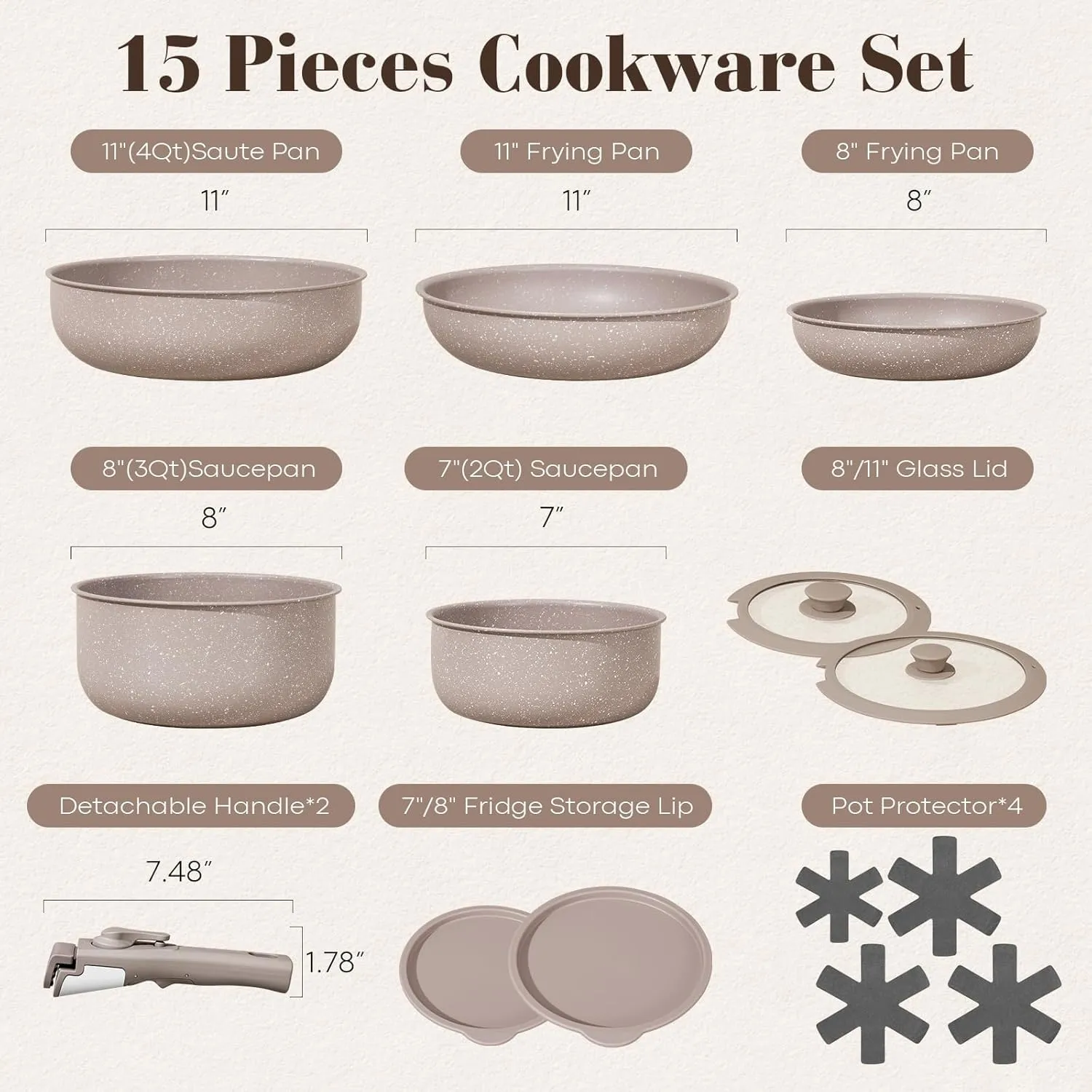 15Pcs Pots and Pans Set Non Stick, Cookware Sets with Detachable Handle, Nonstick RV Kitchen Cooking Tools Removable Handles, Oven Safe, Induction Fast, Stackable Induction Cookware, Brown