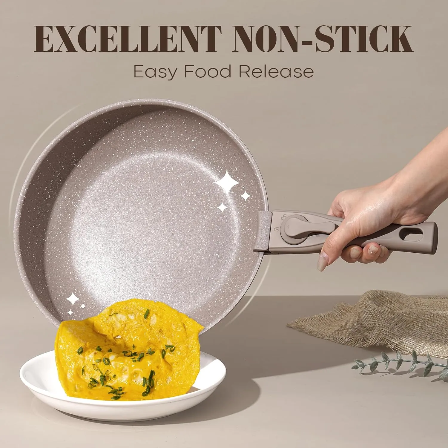 15Pcs Pots and Pans Set Non Stick, Cookware Sets with Detachable Handle, Nonstick RV Kitchen Cooking Tools Removable Handles, Oven Safe, Induction Fast, Stackable Induction Cookware, Brown