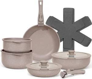 15Pcs Pots and Pans Set Non Stick, Cookware Sets with Detachable Handle, Nonstick RV Kitchen Cooking Tools Removable Handles, Oven Safe, Induction Fast, Stackable Induction Cookware, Brown