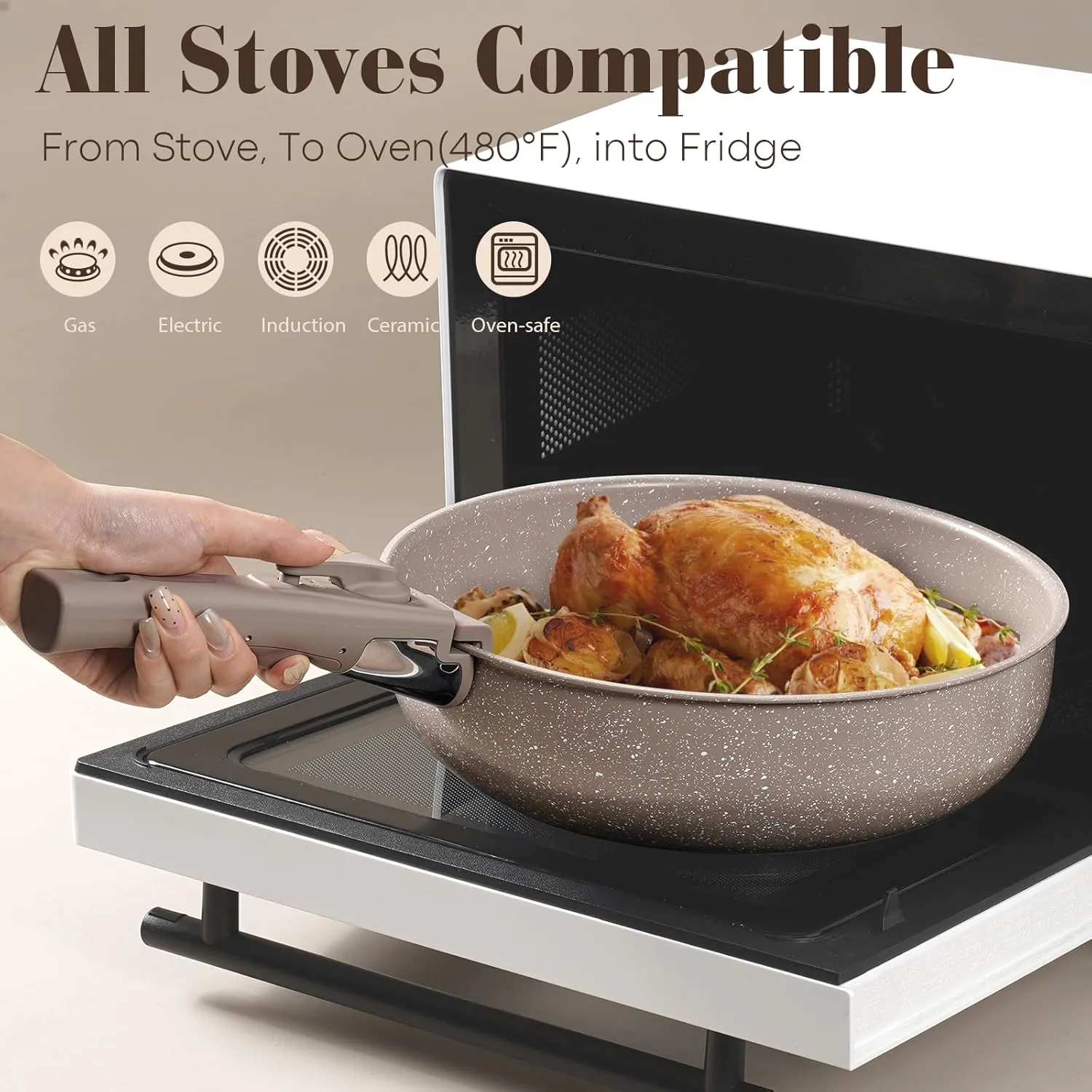 15Pcs Pots and Pans Set Non Stick, Cookware Sets with Detachable Handle, Nonstick RV Kitchen Cooking Tools Removable Handles, Oven Safe, Induction Fast, Stackable Induction Cookware, Brown
