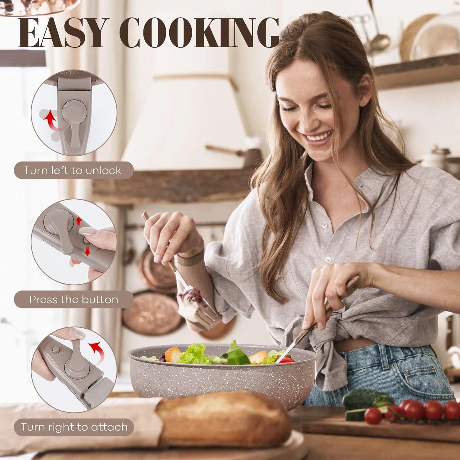 15Pcs Pots and Pans Set Non Stick, Cookware Sets with Detachable Handle, Nonstick RV Kitchen Cooking Tools Removable Handles, Oven Safe, Induction Fast, Stackable Induction Cookware, Brown