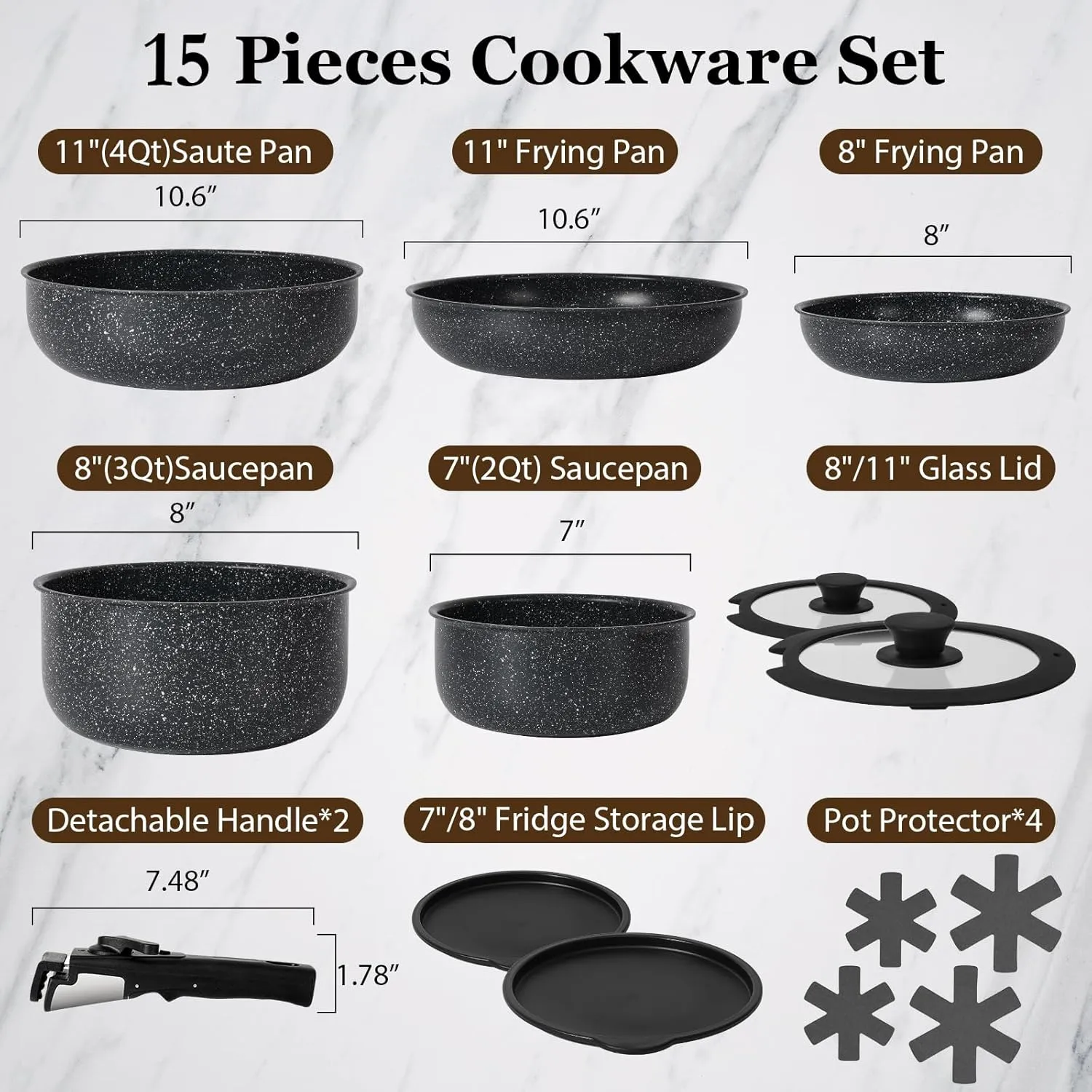 15Pcs Pots and Pans Set Non Stick, Cookware Sets with Detachable Handle, Nonstick RV Kitchen Cooking Tools Removable Handles, Oven Safe, Induction Fast, Stackable Induction Cookware,Black
