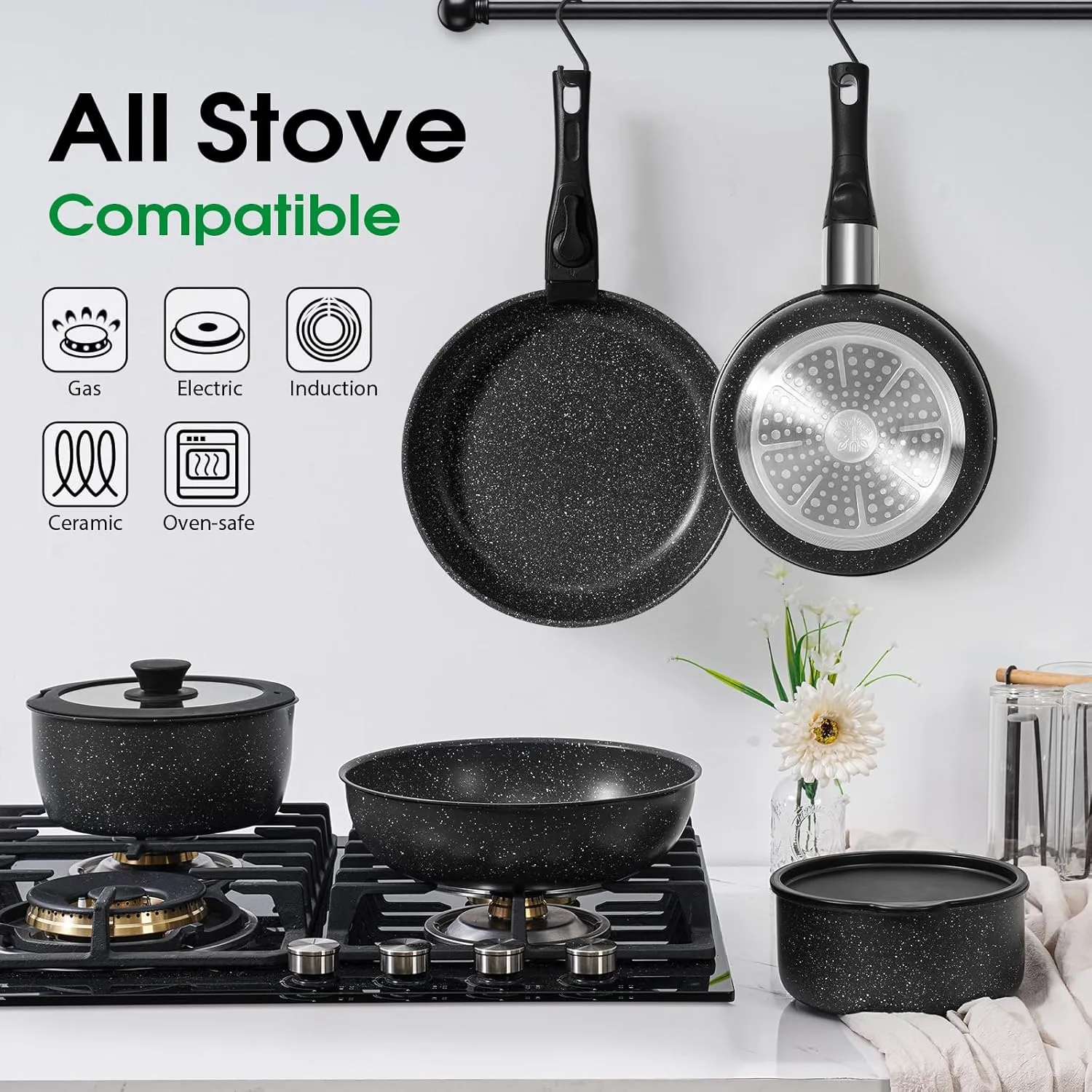 15Pcs Pots and Pans Set Non Stick, Cookware Sets with Detachable Handle, Nonstick RV Kitchen Cooking Tools Removable Handles, Oven Safe, Induction Fast, Stackable Induction Cookware,Black