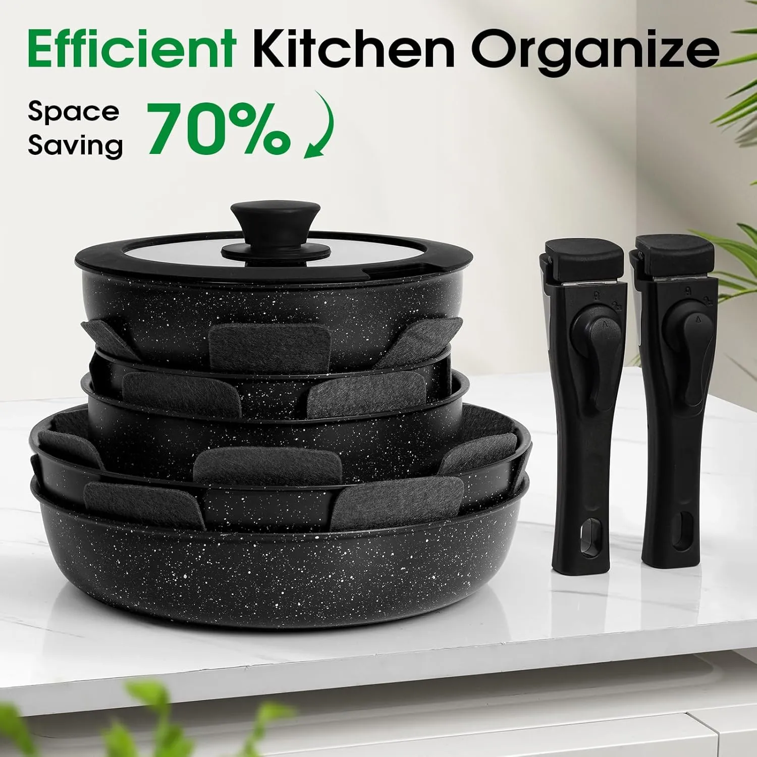 15Pcs Pots and Pans Set Non Stick, Cookware Sets with Detachable Handle, Nonstick RV Kitchen Cooking Tools Removable Handles, Oven Safe, Induction Fast, Stackable Induction Cookware,Black