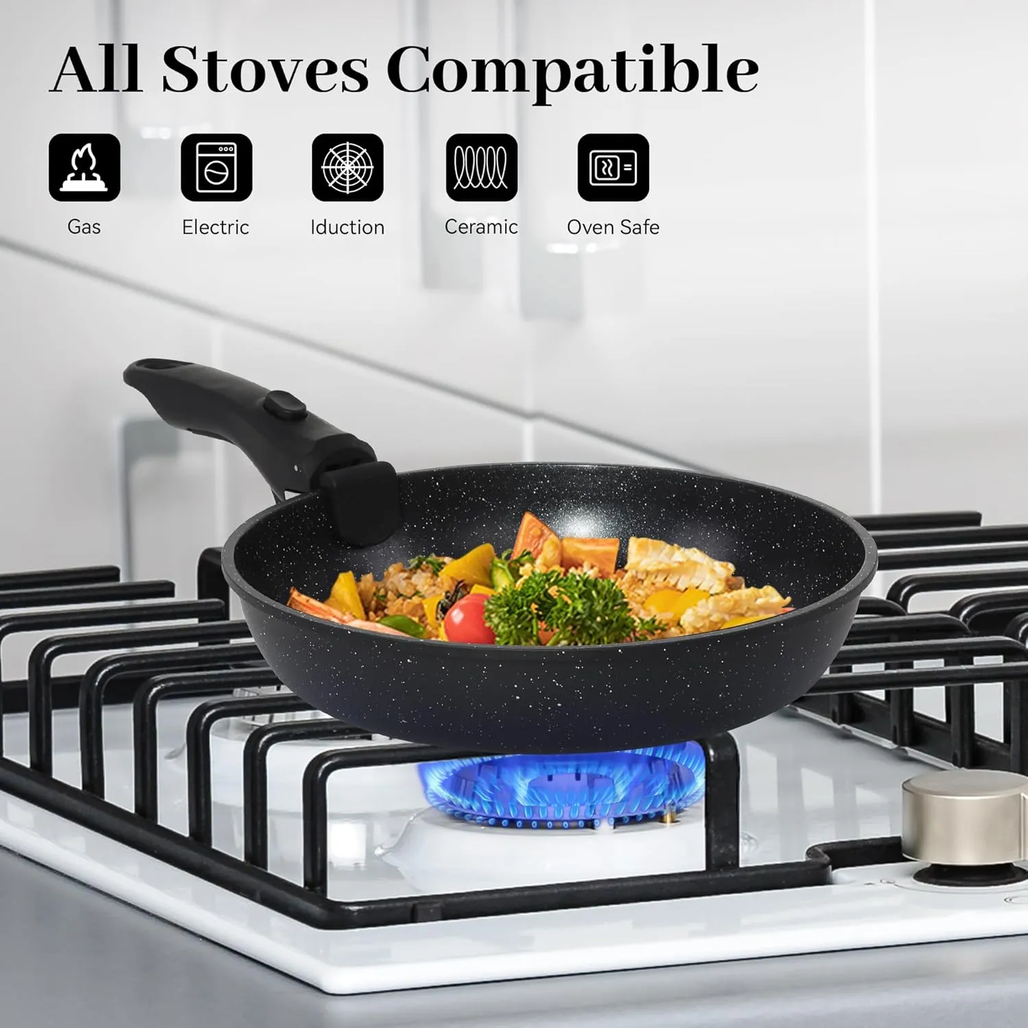 15PCS Pots and Pans Set Non Stick, Kitchen Cookware Sets with Detachable Handle, Ceramic Cookware Sets, Non Stick RV Cookware Cooking Set, Dishwasher ＆ Oven Safe, PFOA Free, Black