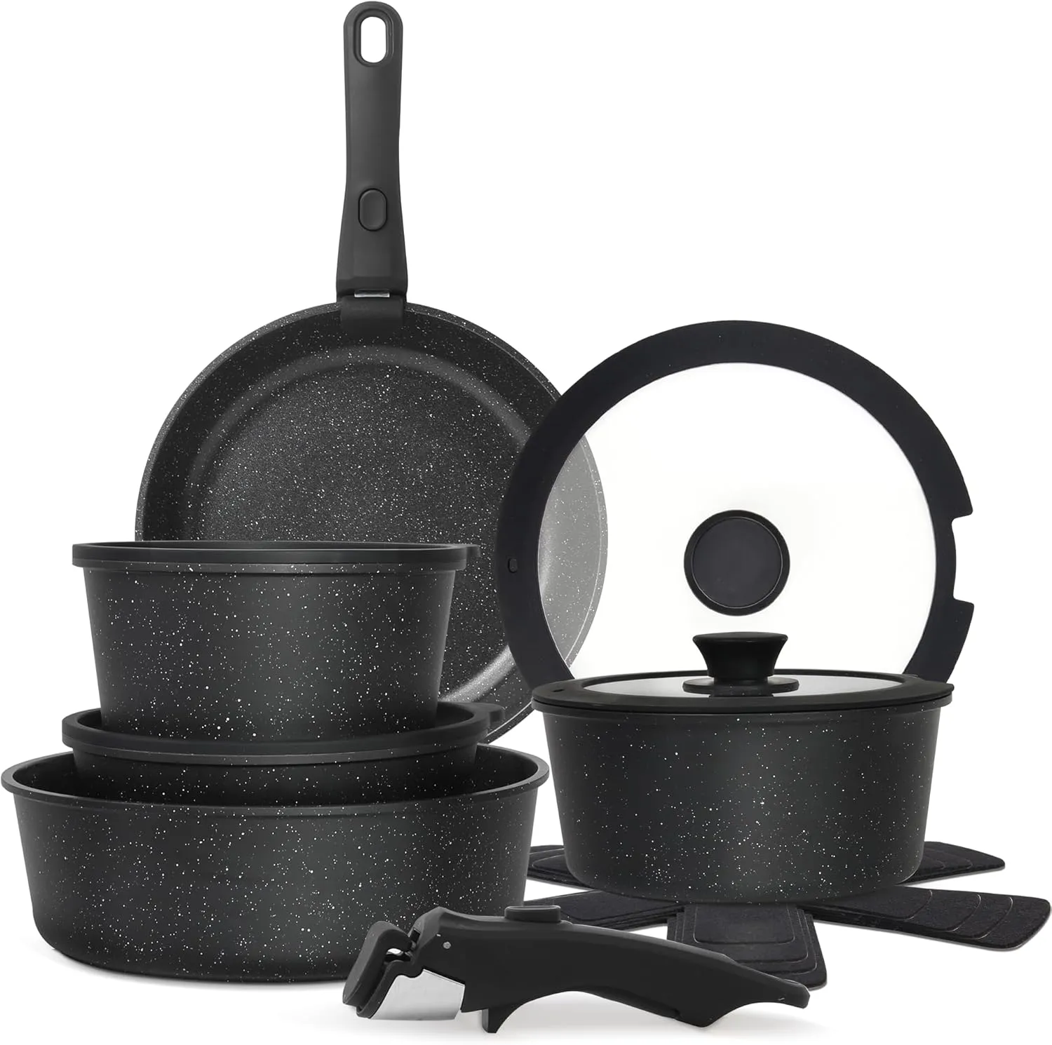 15PCS Pots and Pans Set Non Stick, Kitchen Cookware Sets with Detachable Handle, Ceramic Cookware Sets, Non Stick RV Cookware Cooking Set, Dishwasher ＆ Oven Safe, PFOA Free, Black