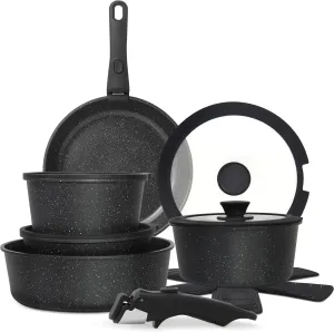 15PCS Pots and Pans Set Non Stick, Kitchen Cookware Sets with Detachable Handle, Ceramic Cookware Sets, Non Stick RV Cookware Cooking Set, Dishwasher ＆ Oven Safe, PFOA Free, Black