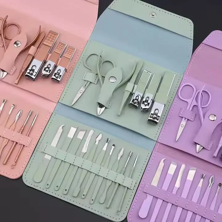 16-Piece Manicure and Pedicure Set with Leather Case, Nail Care Tools Kit, Green/Purple/Pink (Green)