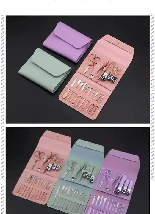 16-Piece Manicure and Pedicure Set with Leather Case, Nail Care Tools Kit, Green/Purple/Pink (Green)