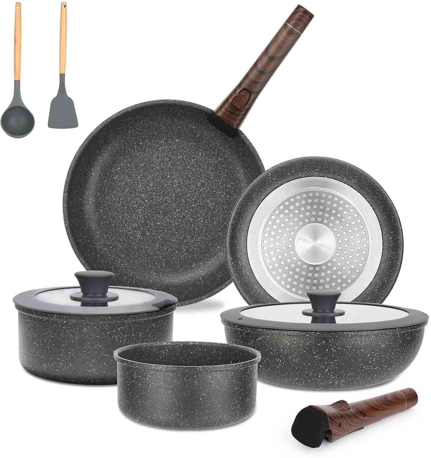 16PCS Pots and Pans with Removable Handles, Customized Handle Adjustable, Stackable RV Cookware with Deluxe Large Size, Dishwasher & Oven Safe, Induction Cookware Set Non Stick, Granite Dark Gray