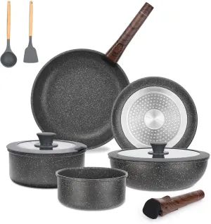 16PCS Pots and Pans with Removable Handles, Customized Handle Adjustable, Stackable RV Cookware with Deluxe Large Size, Dishwasher & Oven Safe, Induction Cookware Set Non Stick, Granite Dark Gray