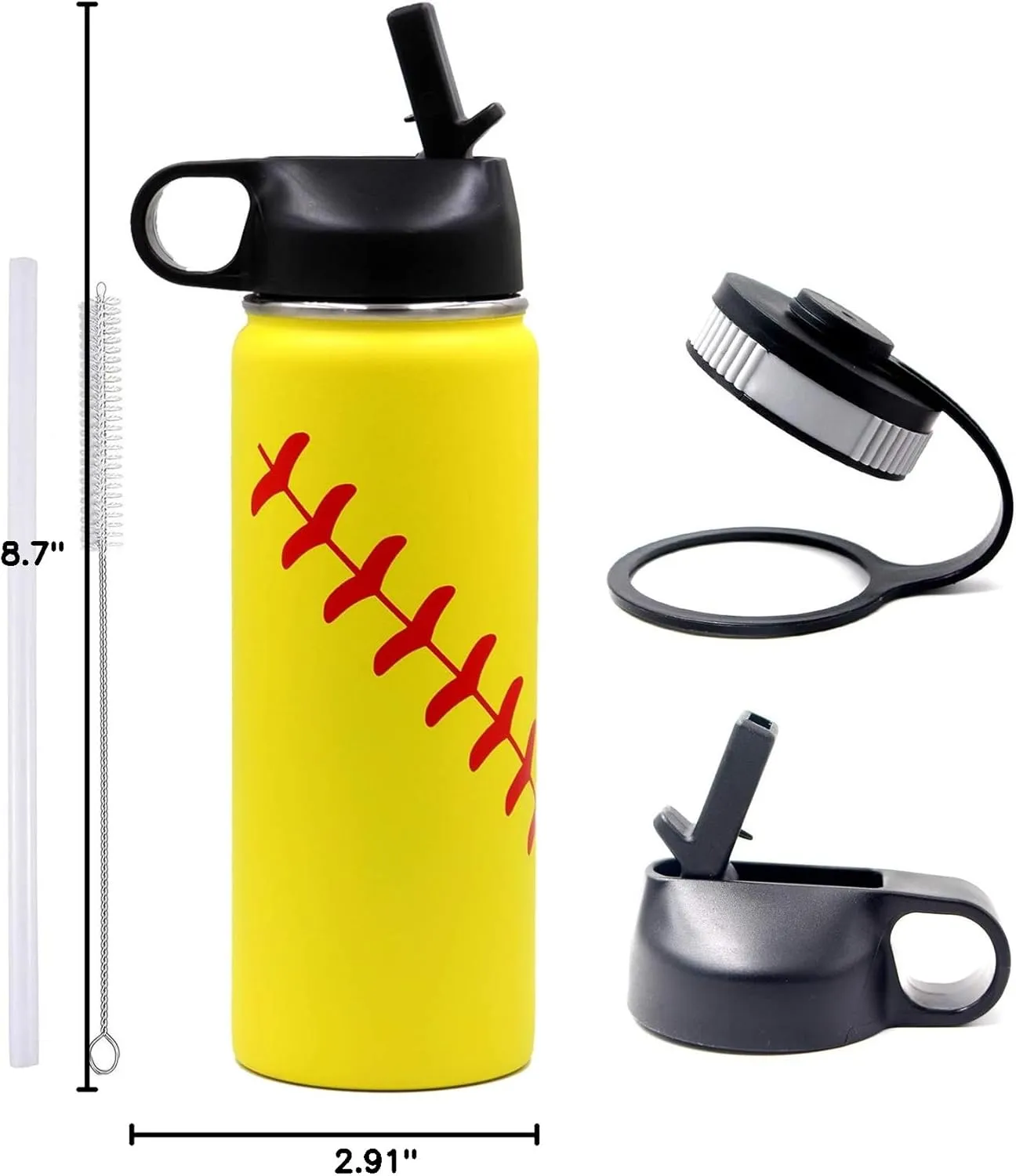 18 oz Softball Water Bottle, Insulated Thermo Flask Travel Tumbler with 2 Lids, BPA Free Stainless Steel Double Wall Vacuum Leakproof Sports Water Bottles, Softball Gifts for Boys Girls Mom Men Player