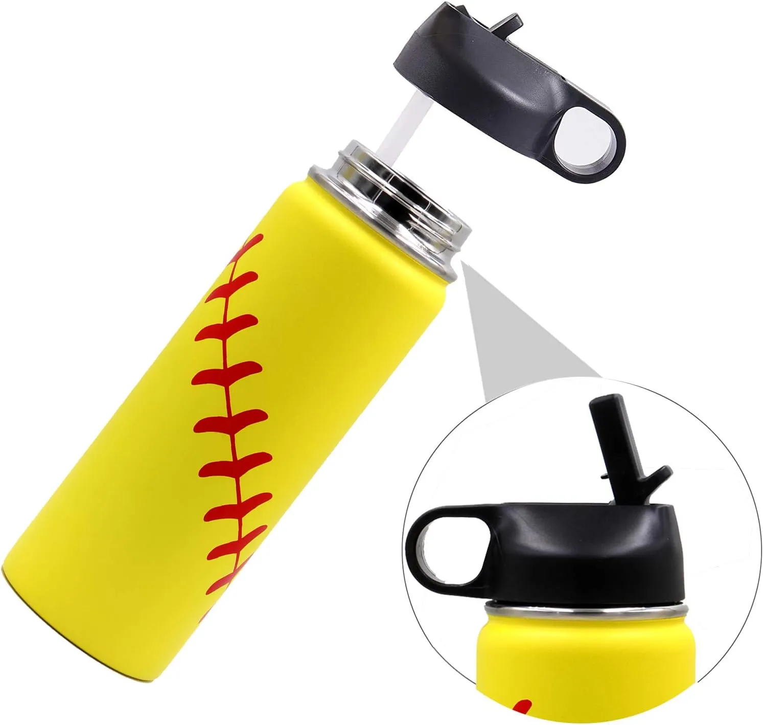 18 oz Softball Water Bottle, Insulated Thermo Flask Travel Tumbler with 2 Lids, BPA Free Stainless Steel Double Wall Vacuum Leakproof Sports Water Bottles, Softball Gifts for Boys Girls Mom Men Player
