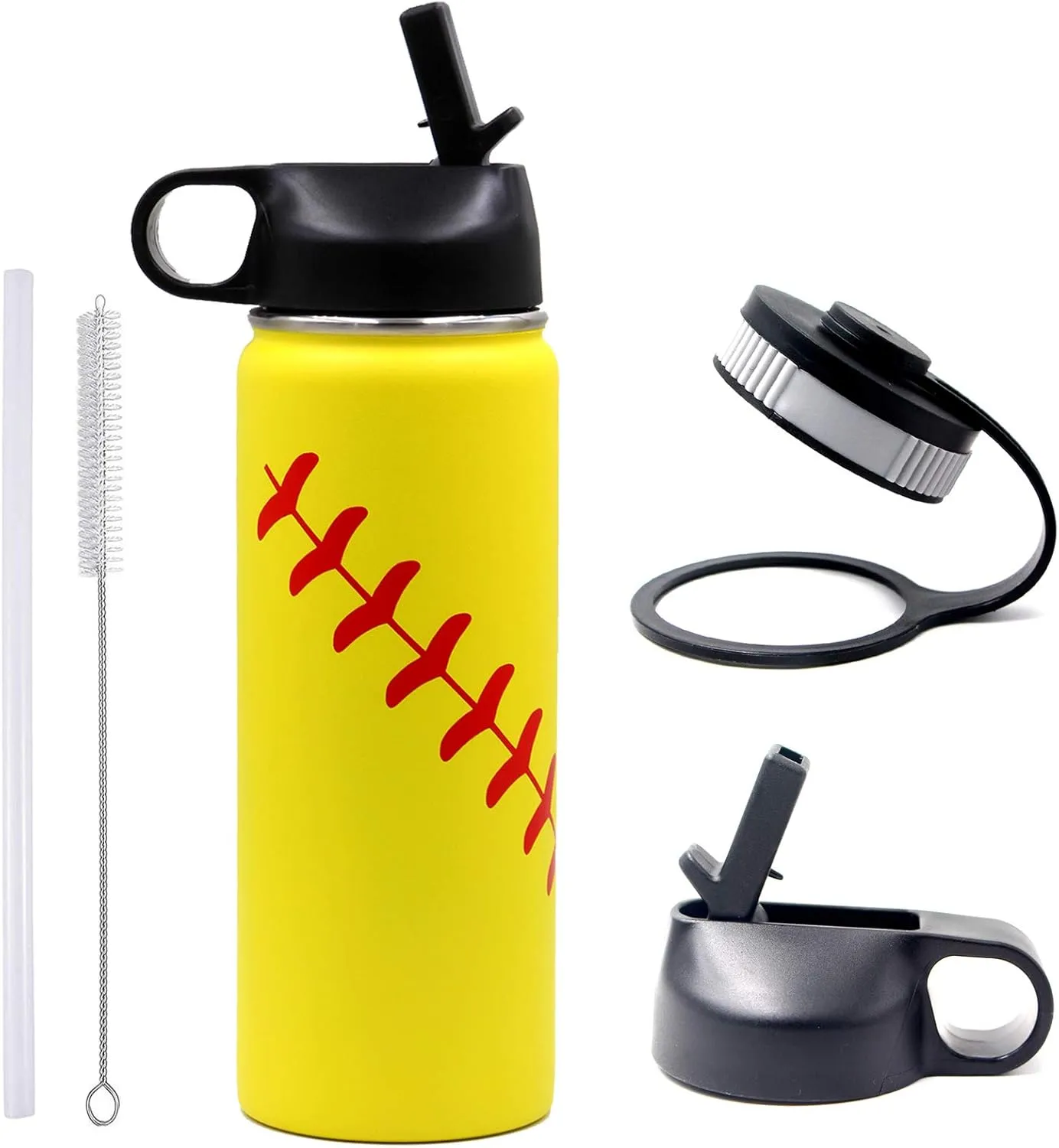 18 oz Softball Water Bottle, Insulated Thermo Flask Travel Tumbler with 2 Lids, BPA Free Stainless Steel Double Wall Vacuum Leakproof Sports Water Bottles, Softball Gifts for Boys Girls Mom Men Player