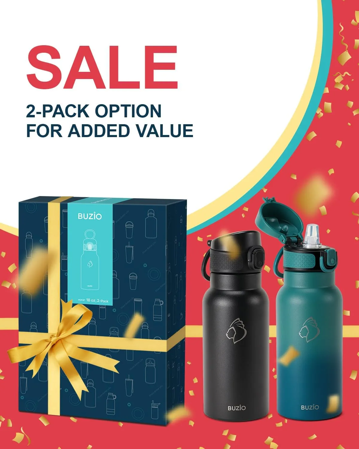 18oz Insulated Water Bottle for Kids with Straw and Handle, 2PCS BUZIO BPA-Free Vacuum Water Flask Leak & Sweat Proof with Popup Lid & Silicone Nozzle for Toddler School Travel, Black Blue