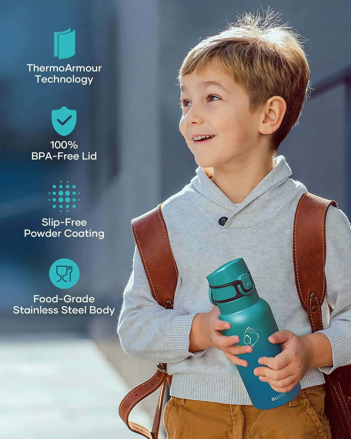 18oz Insulated Water Bottle for Kids with Straw and Handle, 2PCS BUZIO BPA-Free Vacuum Water Flask Leak & Sweat Proof with Popup Lid & Silicone Nozzle for Toddler School Travel, Black Blue