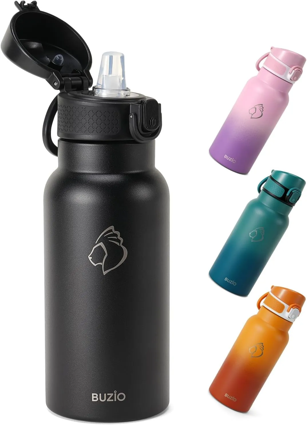 18oz Insulated Water Bottle for Kids with Straw and Handle, 2PCS BUZIO BPA-Free Vacuum Water Flask Leak & Sweat Proof with Popup Lid & Silicone Nozzle for Toddler School Travel, Black Blue