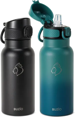 18oz Insulated Water Bottle for Kids with Straw and Handle, 2PCS BUZIO BPA-Free Vacuum Water Flask Leak & Sweat Proof with Popup Lid & Silicone Nozzle for Toddler School Travel, Black Blue