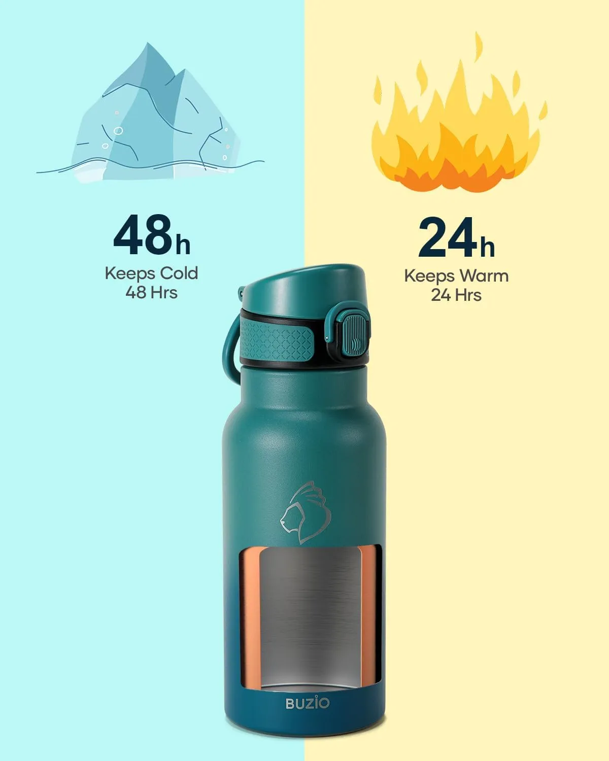 18oz Insulated Water Bottle for Kids with Straw and Handle, 2PCS BUZIO BPA-Free Vacuum Water Flask Leak & Sweat Proof with Popup Lid & Silicone Nozzle for Toddler School Travel, Black Blue