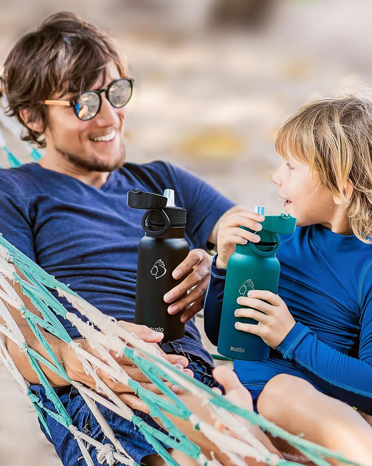 18oz Insulated Water Bottle for Kids with Straw and Handle, 2PCS BUZIO BPA-Free Vacuum Water Flask Leak & Sweat Proof with Popup Lid & Silicone Nozzle for Toddler School Travel, Black Blue