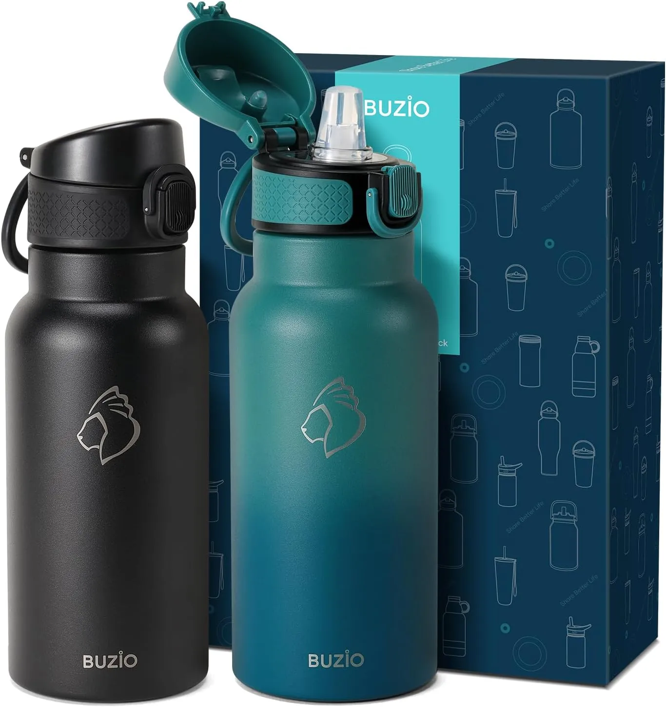 18oz Insulated Water Bottle for Kids with Straw and Handle, 2PCS BUZIO BPA-Free Vacuum Water Flask Leak & Sweat Proof with Popup Lid & Silicone Nozzle for Toddler School Travel, Black Blue