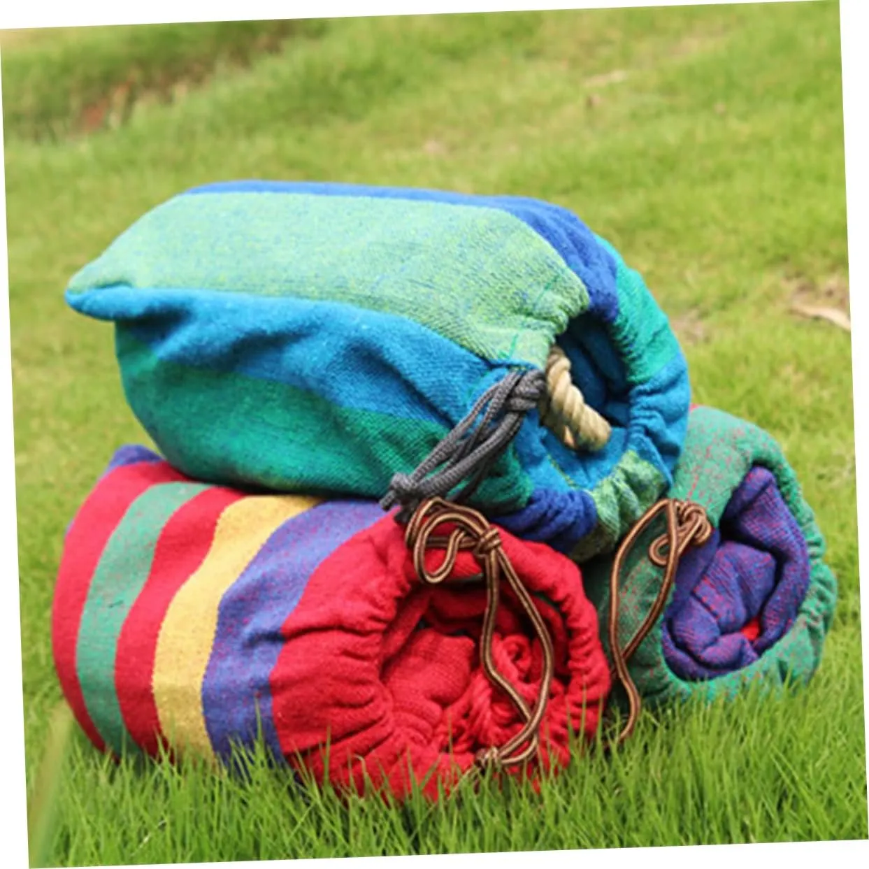 1set Double Camping Hammock Rainbow Striped Portable Canvas Swing Widened Design for Outdoor Relaxation for Camping Hiking Fishing and Garden Use Red