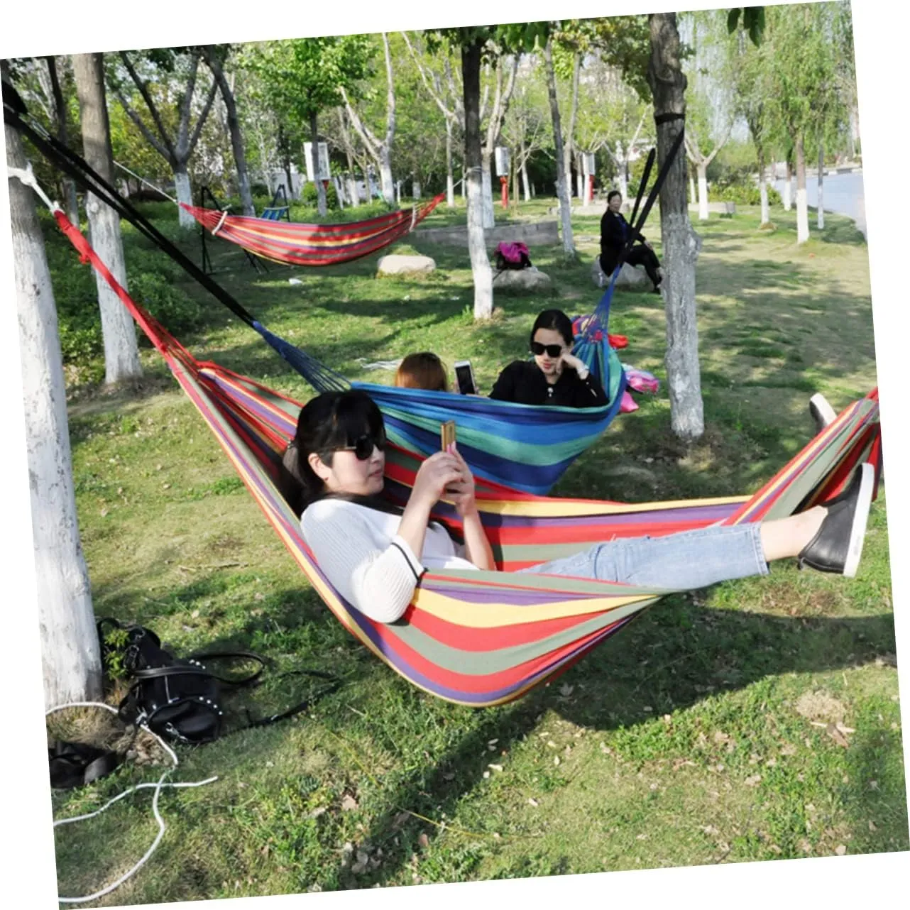 1set Double Camping Hammock Rainbow Striped Portable Canvas Swing Widened Design for Outdoor Relaxation for Camping Hiking Fishing and Garden Use Red