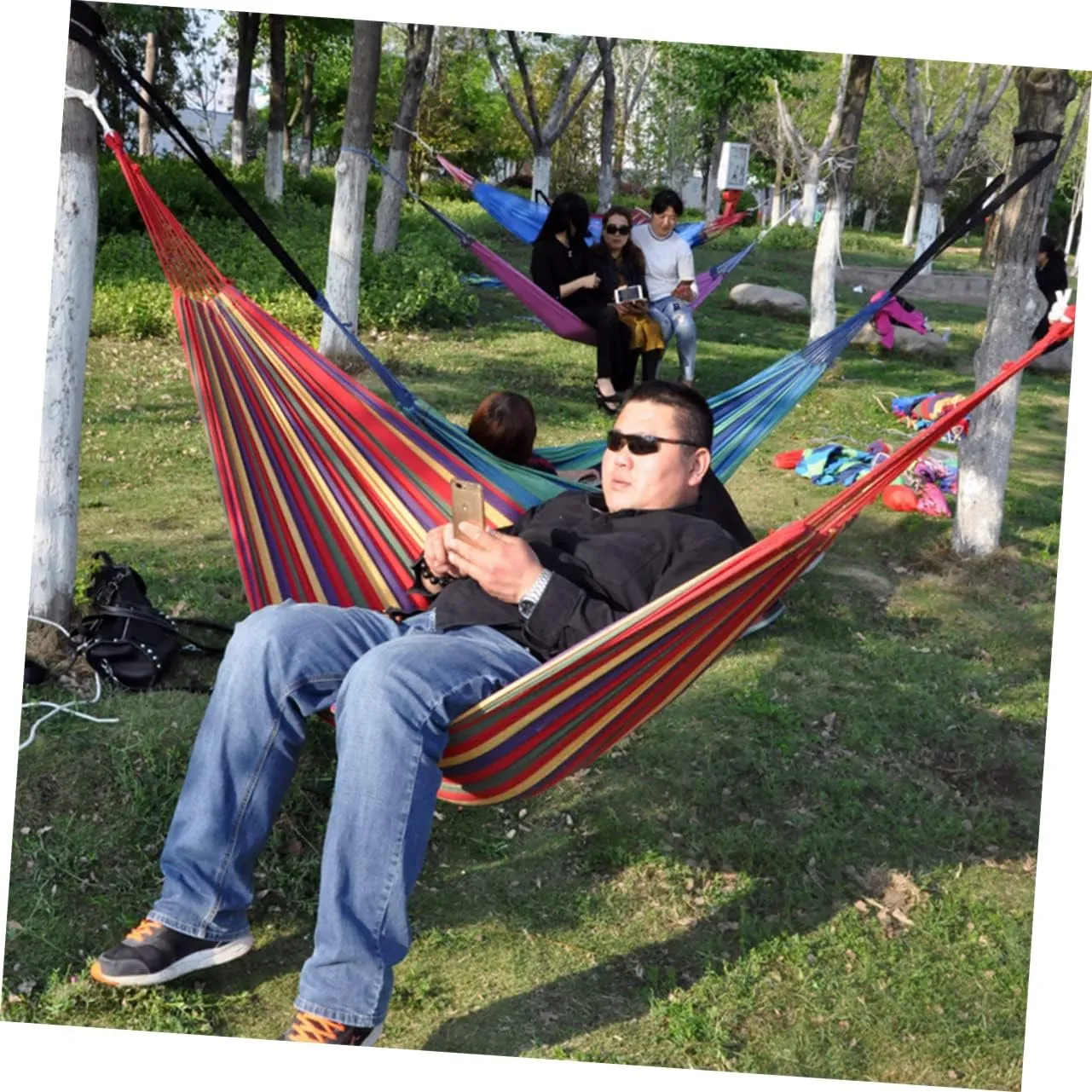 1set Double Camping Hammock Rainbow Striped Portable Canvas Swing Widened Design for Outdoor Relaxation for Camping Hiking Fishing and Garden Use Red