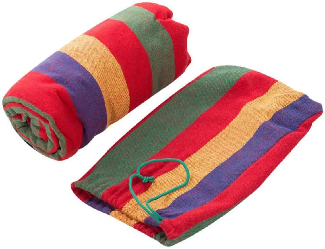 1set Double Camping Hammock Rainbow Striped Portable Canvas Swing Widened Design for Outdoor Relaxation for Camping Hiking Fishing and Garden Use Red