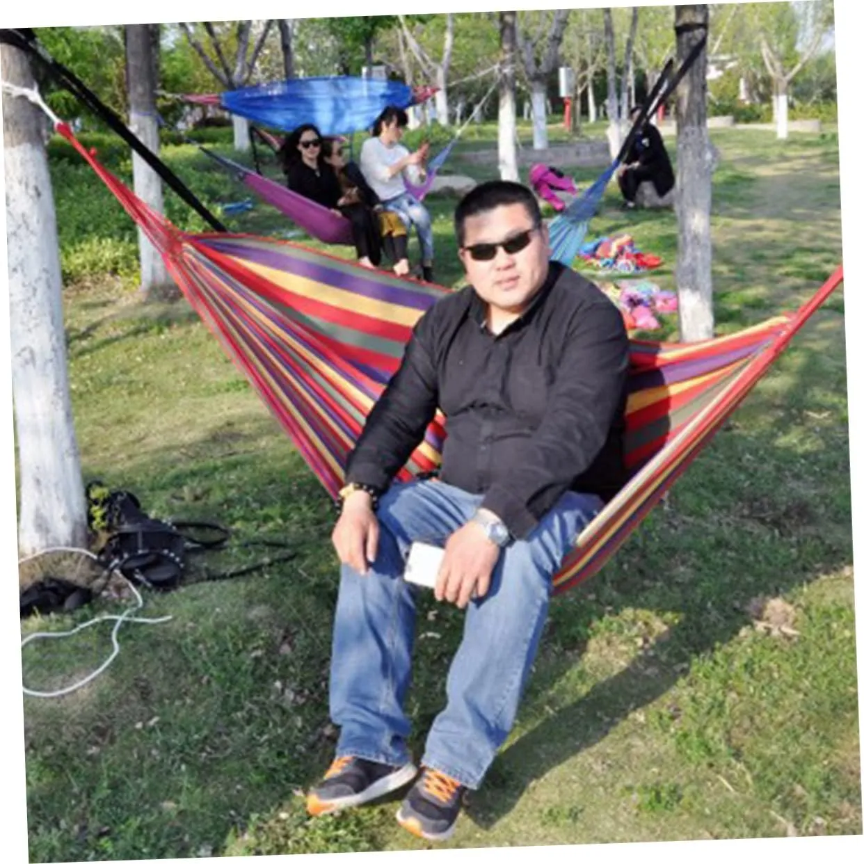 1set Double Camping Hammock Rainbow Striped Portable Canvas Swing Widened Design for Outdoor Relaxation for Camping Hiking Fishing and Garden Use Red
