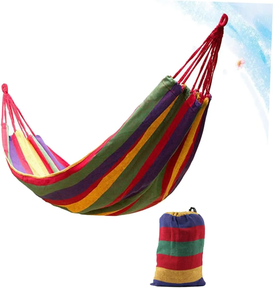 1set Double Camping Hammock Rainbow Striped Portable Canvas Swing Widened Design for Outdoor Relaxation for Camping Hiking Fishing and Garden Use Red