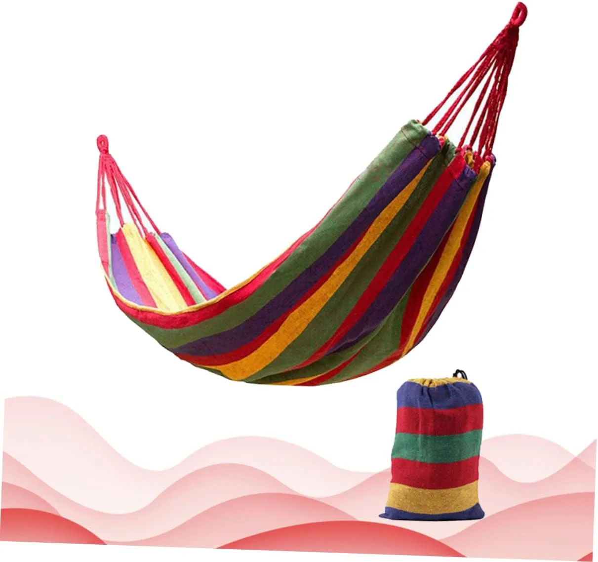1set Double Camping Hammock Rainbow Striped Portable Canvas Swing Widened Design for Outdoor Relaxation for Camping Hiking Fishing and Garden Use Red