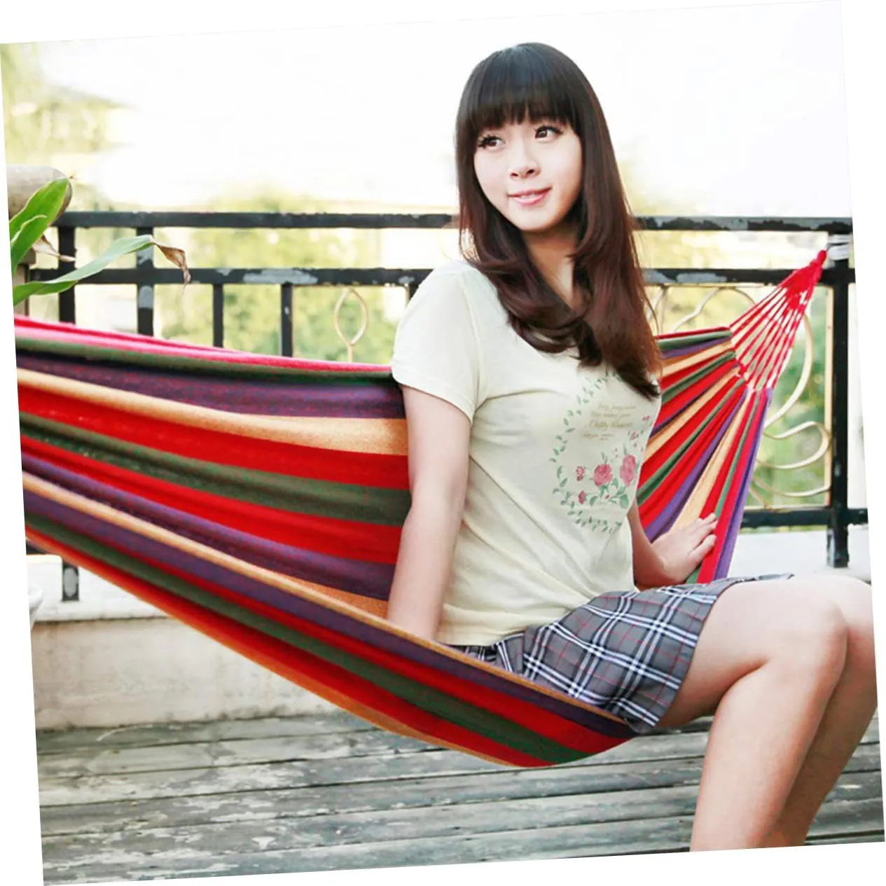 1set Double Camping Hammock Rainbow Striped Portable Canvas Swing Widened Design for Outdoor Relaxation for Camping Hiking Fishing and Garden Use Red