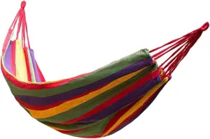 1set Double Camping Hammock Rainbow Striped Portable Canvas Swing Widened Design for Outdoor Relaxation for Camping Hiking Fishing and Garden Use Red