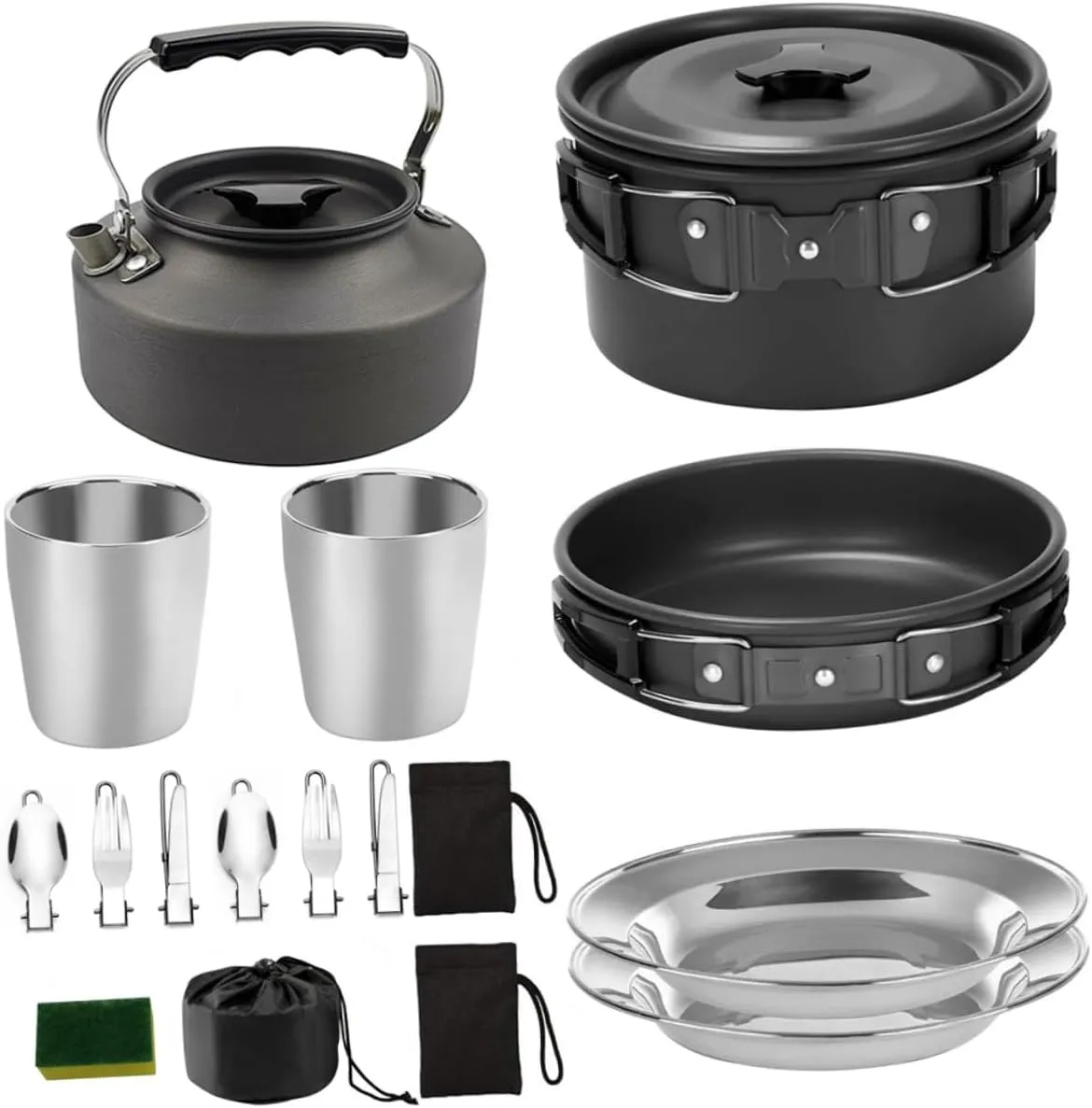 1set Outdoor Cooking Utensils Lightweight Non-Stick Cookware for Camping Hiking Picnics Convenient Portable Person Folding Handles High Durability