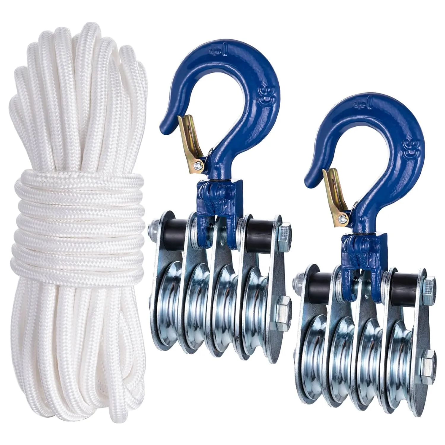 1Ton Four Cable Pulley Block, Heavy Duty Pulley System, Lifting Block Hoist with Hook and 65ft/20m Nylon Rope 0.39"/10mm