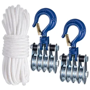 1Ton Four Cable Pulley Block, Heavy Duty Pulley System, Lifting Block Hoist with Hook and 65ft/20m Nylon Rope 0.39"/10mm