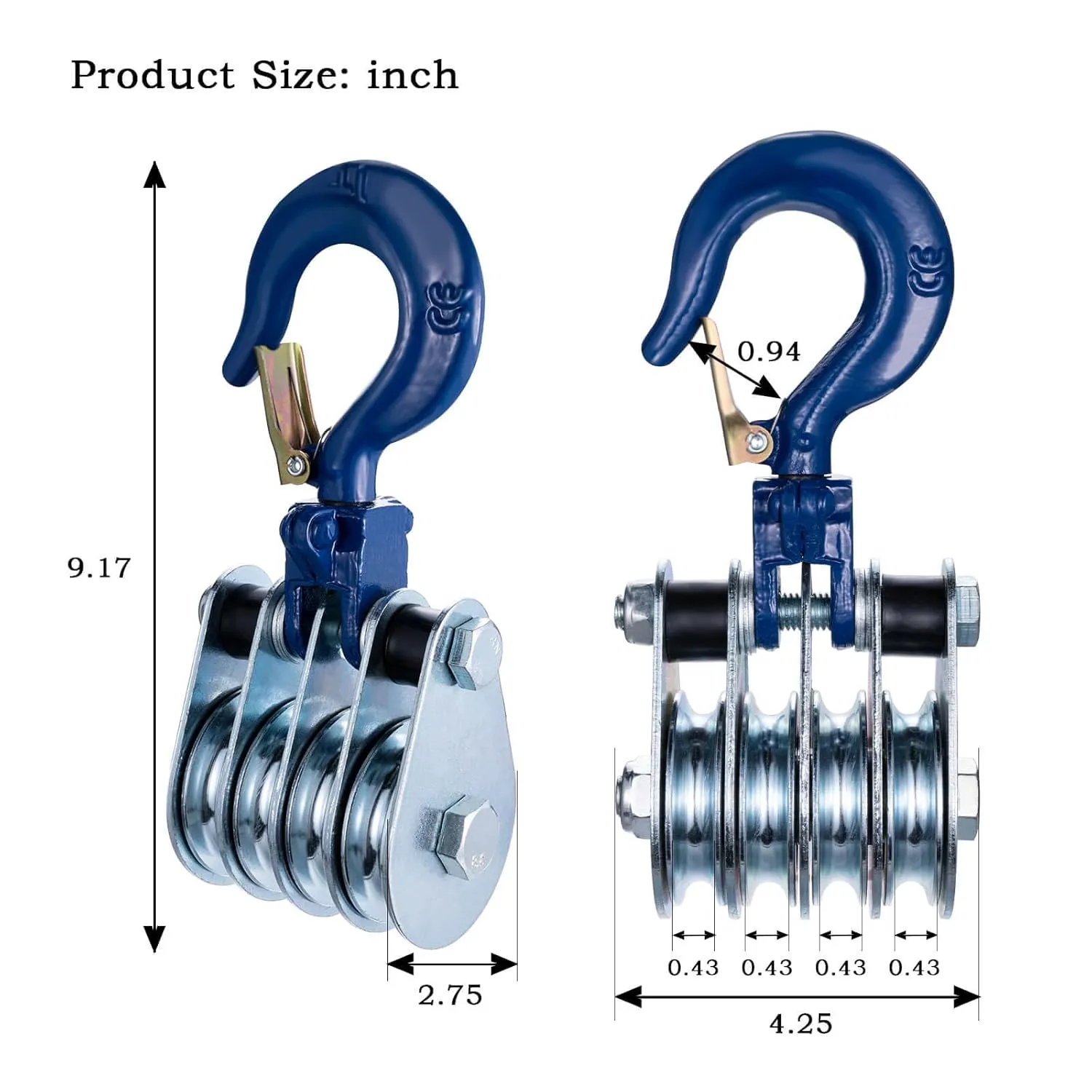1Ton Four Cable Pulley Block, Heavy Duty Pulley System, Lifting Block Hoist with Hook and 65ft/20m Nylon Rope 0.39"/10mm