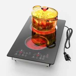 2 Burner Electric Cooktop Stove with 110V Plug, Countertop or Built-in Ceramic Hot Plate Dual Burner, w/Timer, Pause, Keep Warm, Safe Lock, Compatible with ALL Cookware