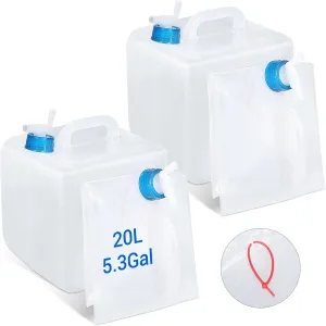 2 Pcs, 5.3Gallons Collapsible Water Container with Spigot, BPA Free Camping Water Jug, Portable Food Safe Water Storage Containers, Reusable Water Tank for Outdoors, Survival Kits, Hurricanes