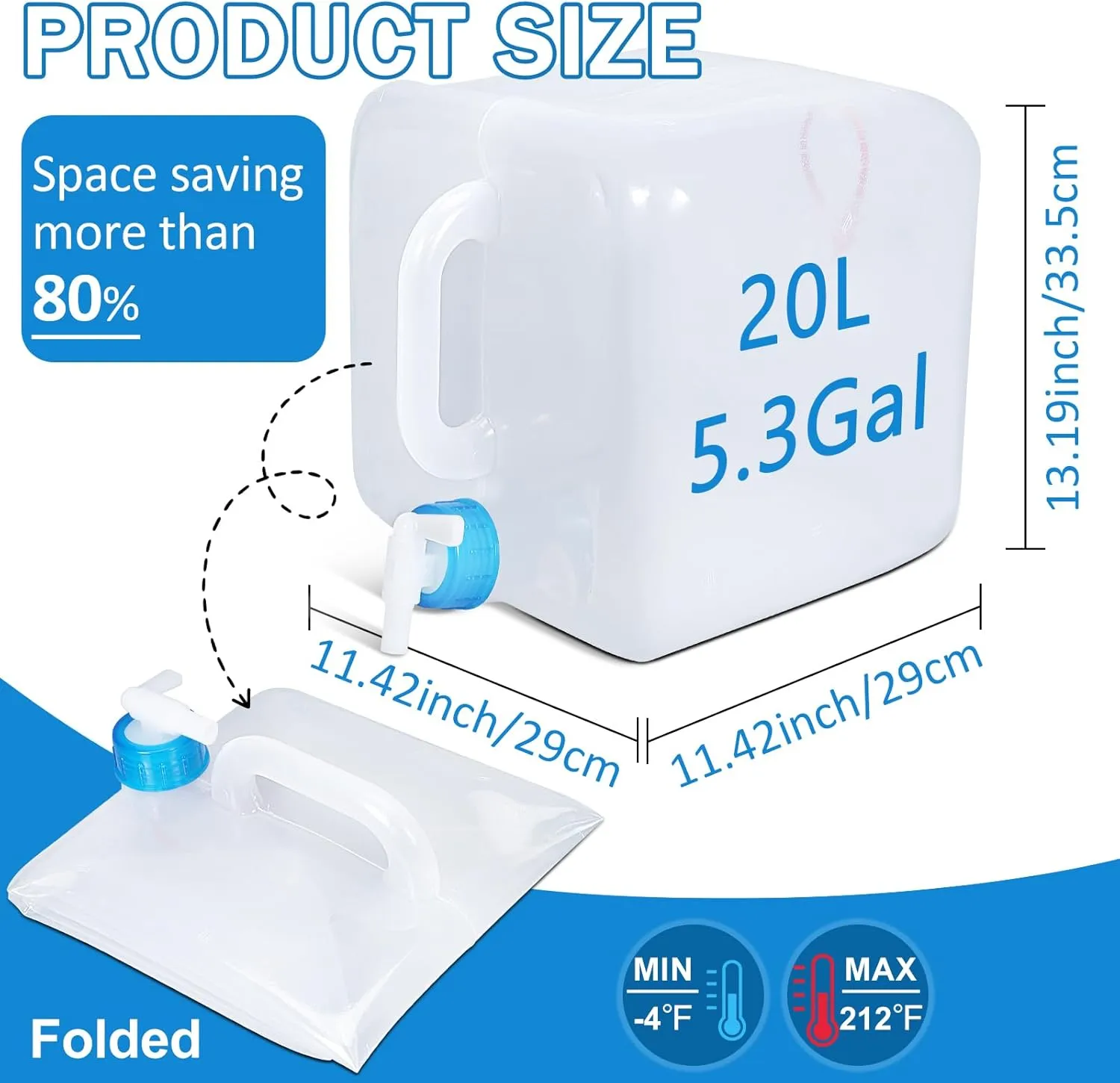 2 Pcs, 5.3Gallons Collapsible Water Container with Spigot, BPA Free Camping Water Jug, Portable Food Safe Water Storage Containers, Reusable Water Tank for Outdoors, Survival Kits, Hurricanes