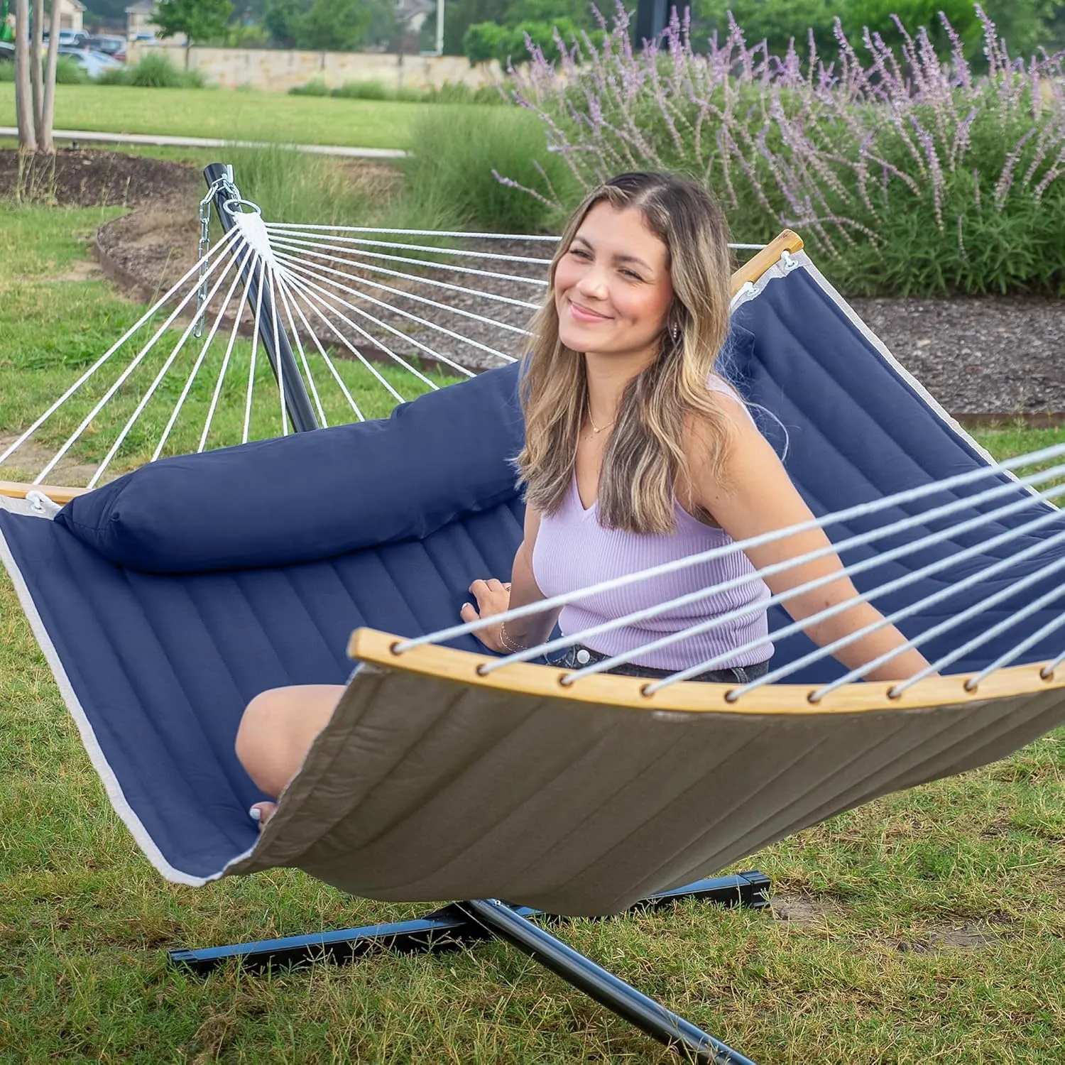 2 Person Hammock with Stand Included, Outdoor Hammock with Curved Spreader Bar, Pillow and Carrying Bag, 450 Lbs Capacity, Navy Blue