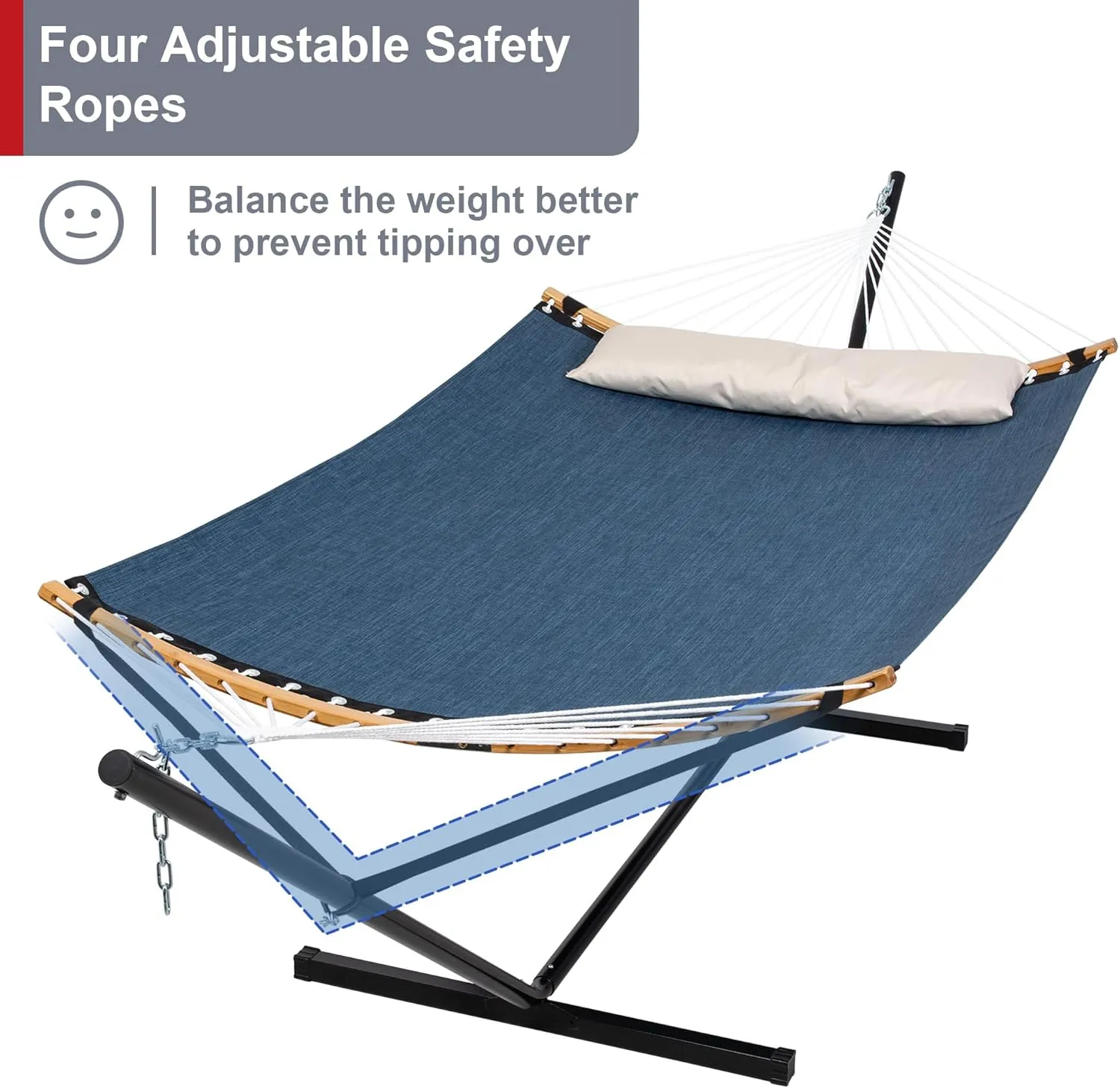 2 Person Hammock with Stand Included, Quick Dry Hammock with Curved Spreader Bars for Outside, Poolside, 450 Lbs Capacity, Dark Blue