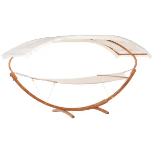 2 Person Wood Swing Arc Hammock Bed and Stand Set with Canopy, White/Teak