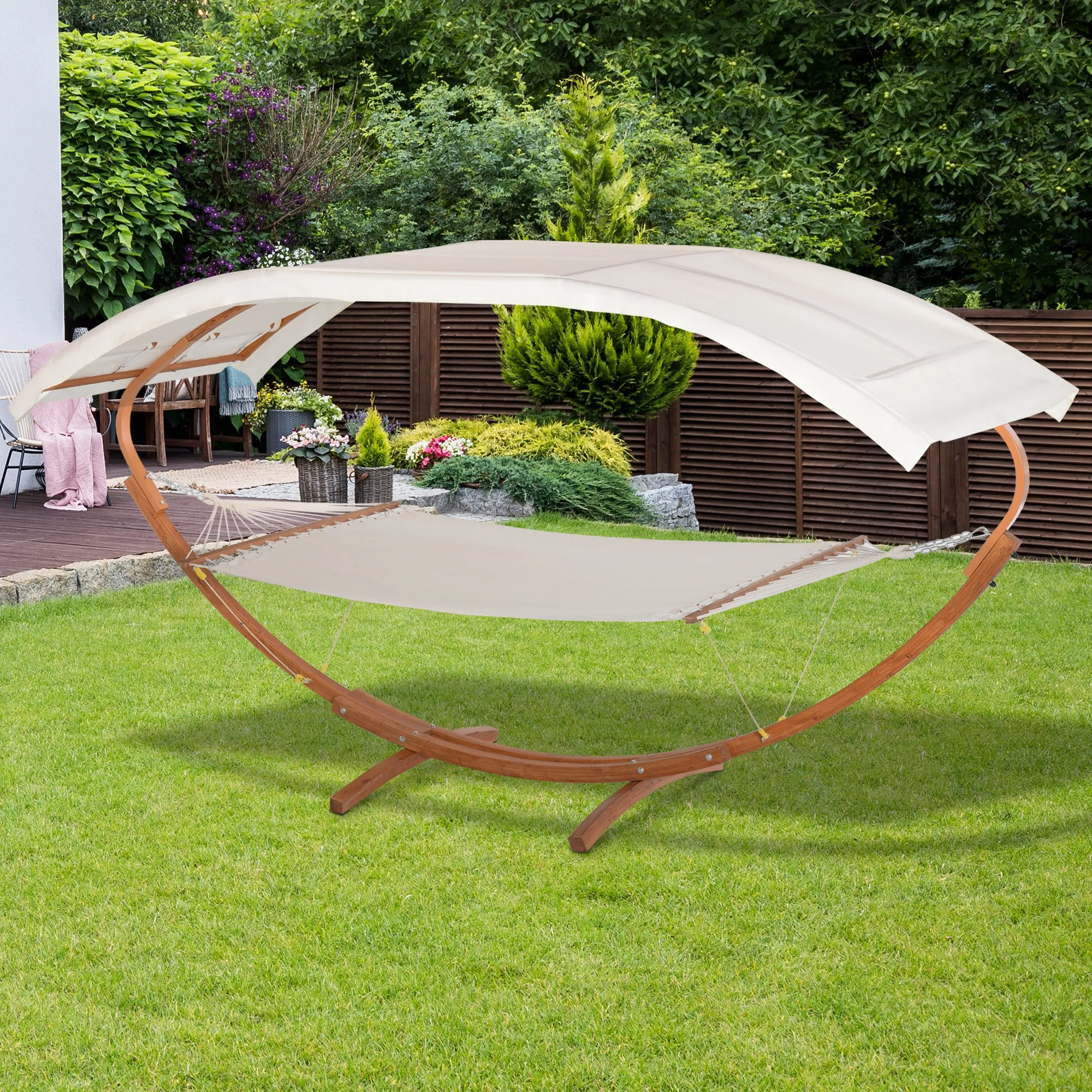 2 Person Wood Swing Arc Hammock Bed and Stand Set with Canopy, White/Teak