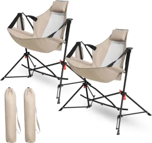 2 Set of Hammock Camping Chair,Folding Portable Rocking Chair, Aluminum Alloy Adjustable Back Swinging Chair with Pillow Cup Holder, Recliner with Carry Bag for Outdoor Travel Lawn Backyard (Khaki)