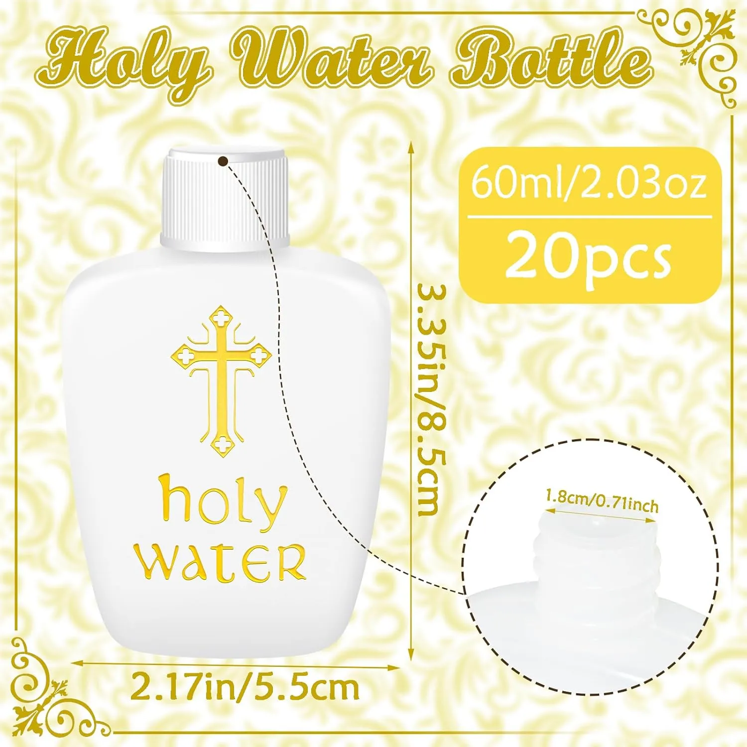 20 Pcs Holy Water Bottles Plastic 2oz Holy Water Container Empty Containers with Gold Cross for Catholic Christian Halloween First Communion Gift Thanksgiving Baptism Party Church 60ml