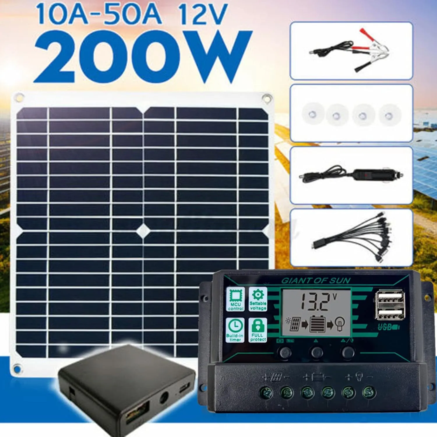 200W 12V Portable Solar Panel Kit Monocrystalline High Efficiency with Controller for Cycling Mountaineering Hiking Camping Outdoor Activities Includes Multiple Accessories (30A)