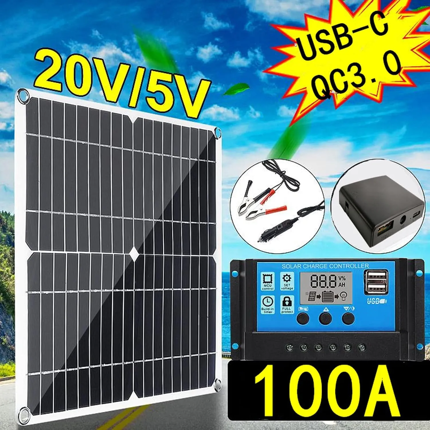 200W 12V Solar Panel Kit, Portable Solar Panel with Controller Solar Panel Charger Kit for Cycling Mountaineering Hiking Camping